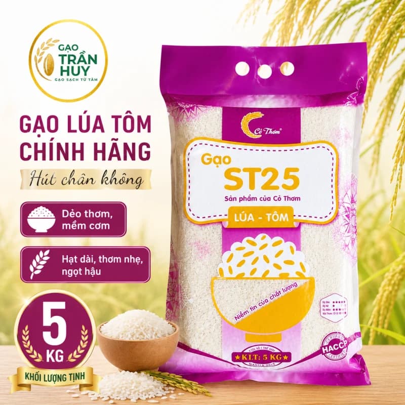🌾 Gạo ST25 Lúa Tôm Cỏ Thơm Chính Hãng Túi 5kg – Gạo Hữu Cơ Sạch Cơm Dẻo Dai Thơm Ngọt